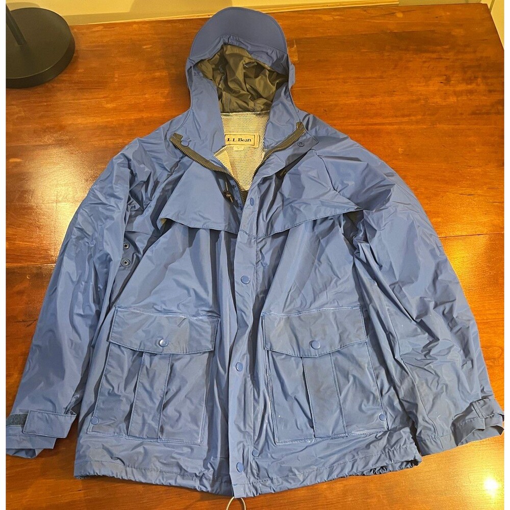 Vintage L.L.Bean Men’s Blue Hooded Rain Jacket with Brim PVC Shell M Repaired